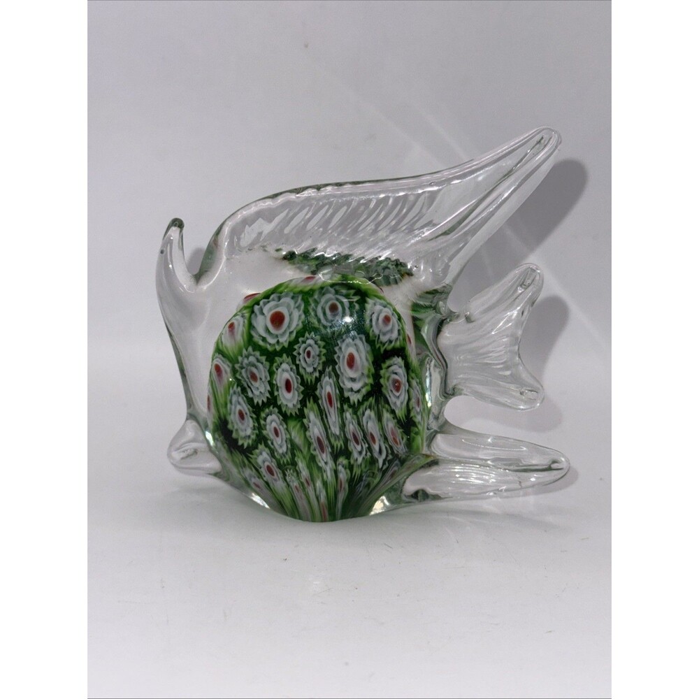 Vintage Art Glass ANGEL FISH Paperweight Murano Green Millefiori Hand Blown